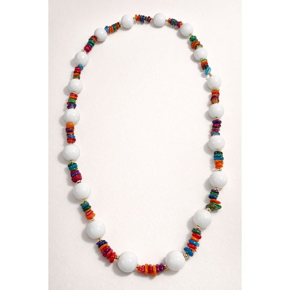 Stone Chip Necklace Womens OS Multicolor White Jade Agate Gold Accent
